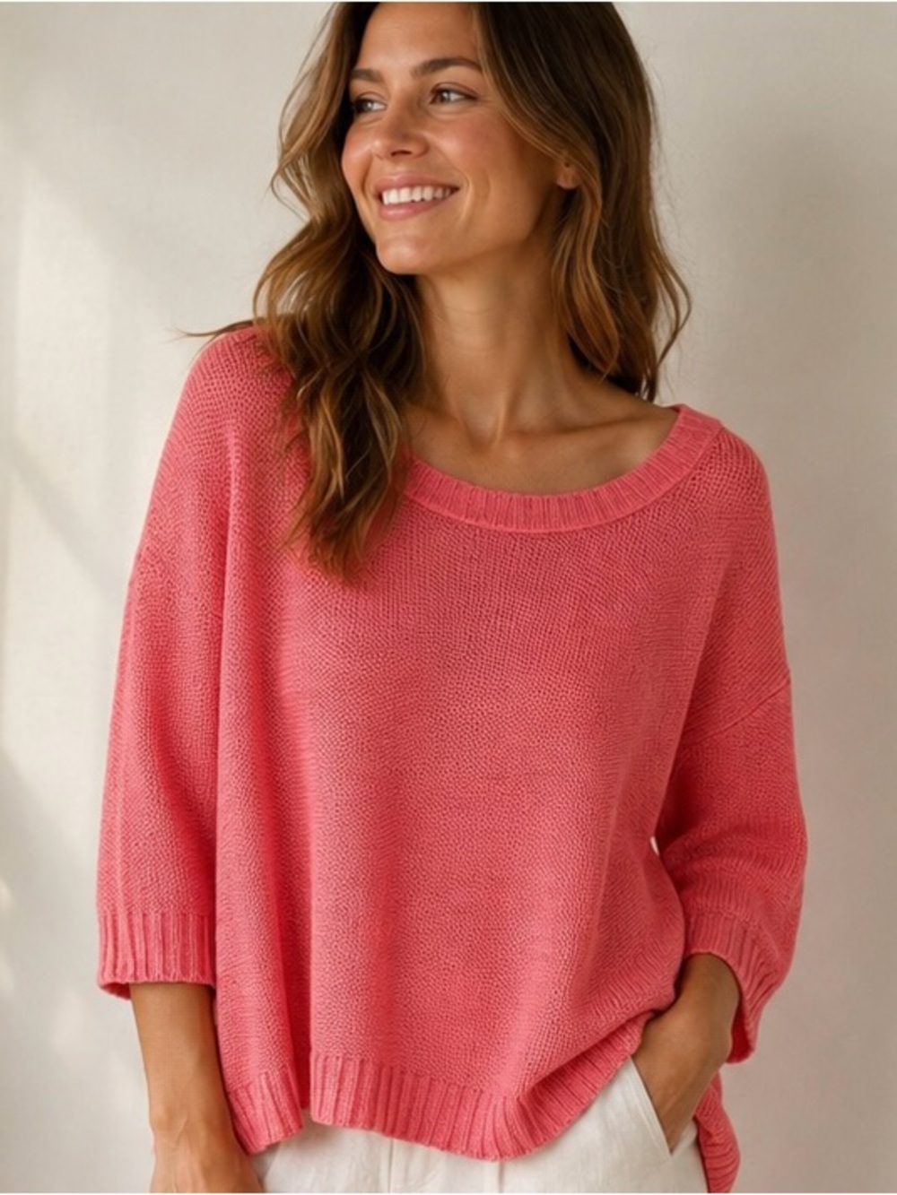 Eileen Fisher Coral Pink Oversized Boxy Linen Sweater Size Small